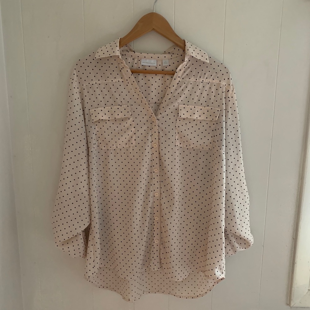 New York & Co Cream and Black Polka Dot Blouse